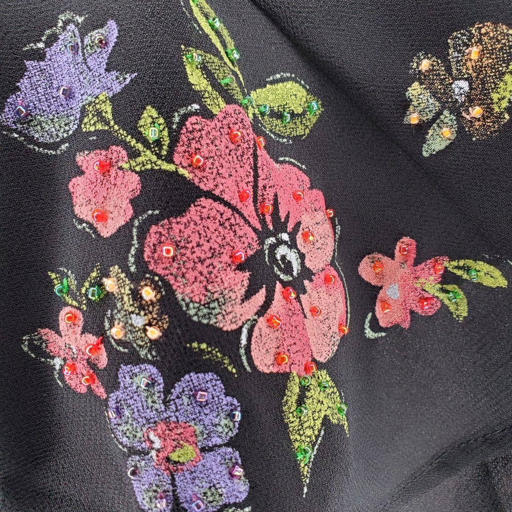 Karin Stevens Top Women 24W Black Sheer Open Back Short Sleeve Beaded Flower 90s - Picture 4 of 11